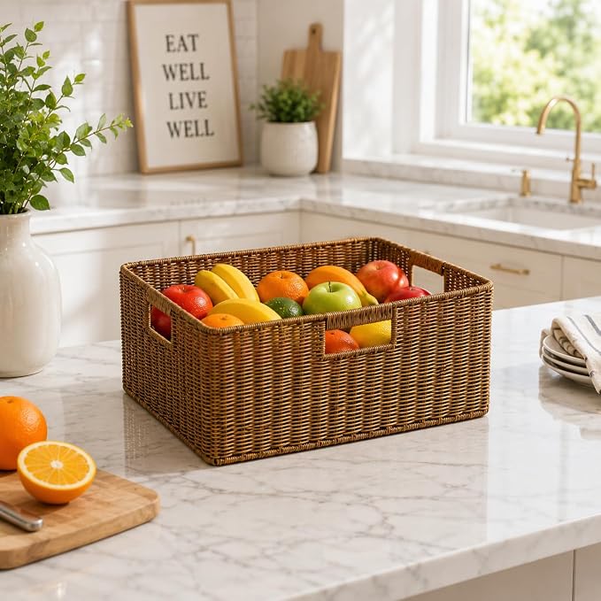 Waterproof Wicker Storage Basket with Handles, Large, Brown | 15 x 11 x 6.75 Inch Basket, Shelf Organizer, Rectangular Woven Bin, Towel and Blanket Storage, Home Decor