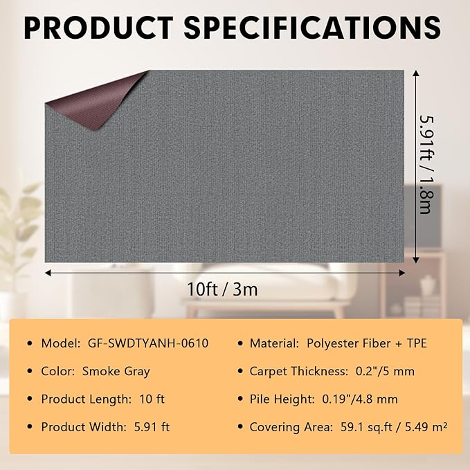 Grefinity Marine Carpet,6 FT x 10 FT Smoke Gray Indoor Outdoor Carpet 0.2" Thick Boat Rug with Water-Proof TPE Backing for Home, Patio, Porch, Deck