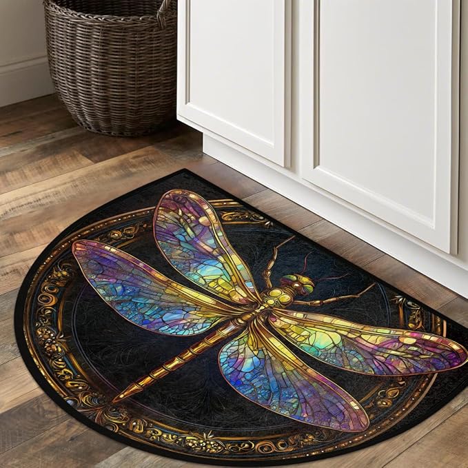 Dragonfly Half Round Door Mat Non Slip Half Circle Rugs | Black Art Washable Half Moon Rug Semi Circle Rugs Indoor Entrance Floor Carpet for Kithen Bedroom Fireplace Decor