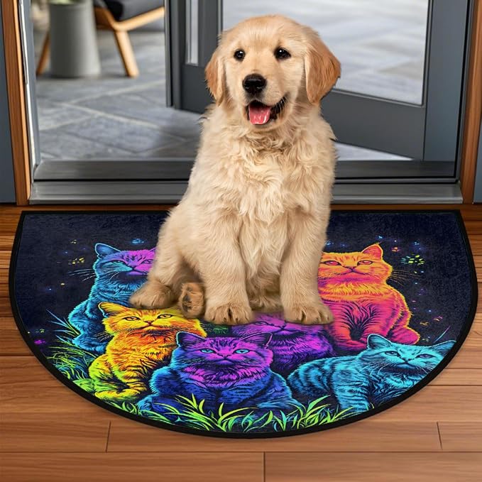 Rainbow Cat Half Round Door Mat Non-Slip Semi Circle Rug Half Moon Doormat | Cute Rainbow Cat Soft Washable Welcome Entrance Mat for Outdoor Indoor Floor Bedroom Bathroom Home Kitchen Festival Decor