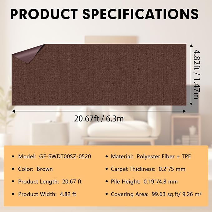 Grefinity Marine Carpet,5 FT x 20 FT Brown Indoor Outdoor Carpet 0.2" Thick Boat Rug with Water-Proof TPE Backing for Home, Patio, Porch, Deck