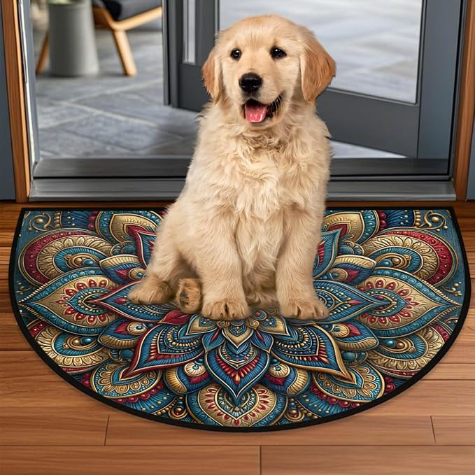 Lotu Half Round Door Mat Semi Moon Rug Fireplace Carpet Area Rugs | Blue Elegant Non Slip Absorbent Half Circle Mat Carpet for Indoor Outdoor Patio Kitchen Bathroom Entryway Home Decor