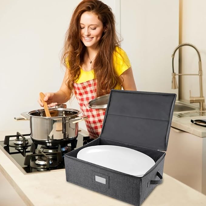 Platter Storage 2 Pack, China Storage Containers Hard Shell 17" x 13" x 6" | China Platter Storage Containers with 5 Felt Dividers Included, Structured Top and Stackable (Linen Grey)
