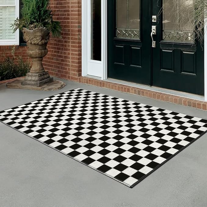Seavish Black and White Outdoor Checkered Rug, 3x5 Layered Front Door Mat | Cotton Woven Washable Moroccan Checkerboard Rugs, Reversible Floor Mat for Bedroom Entryway Porch Patio Dorm