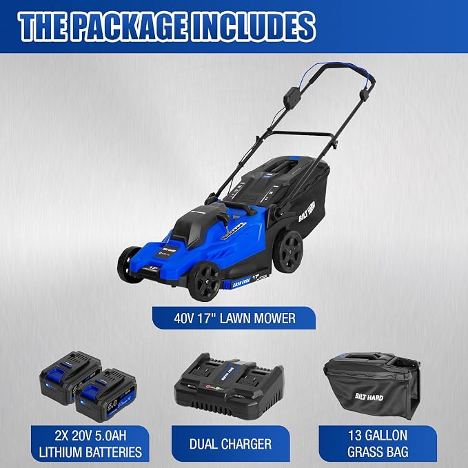 BILT HARD 40V Electric Cordless 17" Lawn Mower, 12" Trimmer & Leaf Blower Combo – 3x5.0Ah Batteries (2x20V), Dual Charger, 6-Position Cutting Height, 50L Bag