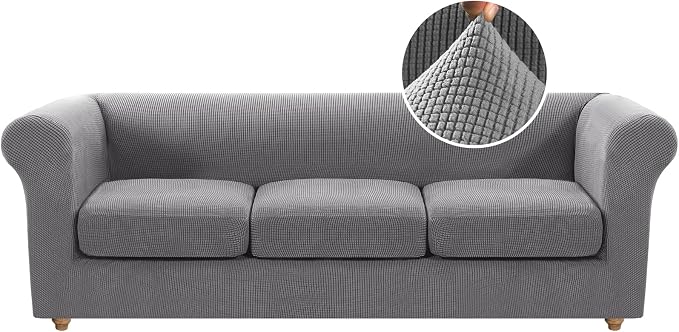 H.VERSAILTEX 4 Piece Stretch Chesterfield Couch Covers for 3 Cushion Couch Sofa Mid Century Deep Seat Sofa Covers (Base Cover Plus 3 Seat Cushion Covers) Thicker Jacquard Fabric (Large Sofa, Dove)