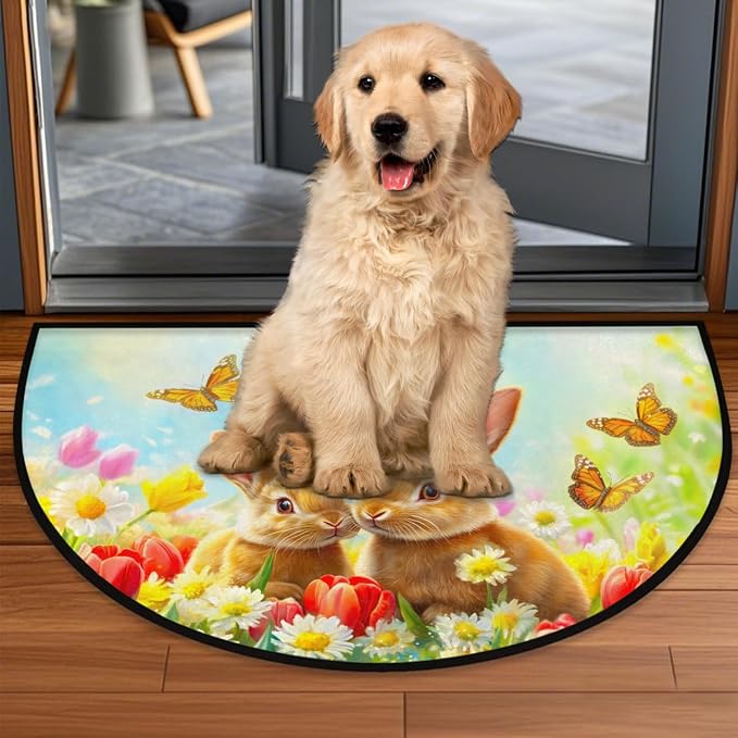 cfpolar Spring Easter Bunny Flower Half Round Door Mat Indoor Entrance Half Circle Area Rug Semi Circular Door Mat Half Moon Rug for Floor Bathroom Living Room Bedroom Kitchen Fireplace 24"x36",A-06