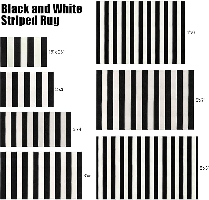 LEEVAN Black and White Outdoor Rug 4x6, Cotton Washable Outdoor Patio Rug, Black Striped Reversible Rug for Balcony Decor, Woven Entryway Rug for Layered Door Mats Porch/Front Door