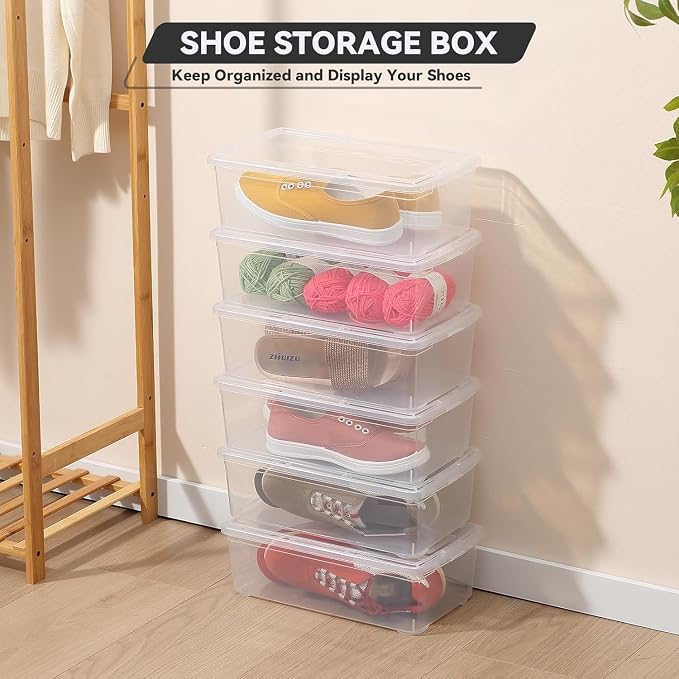 novelinks 8 Pack 6QT Plastic Storage Bins with Lids, Shoe Boxes (Clear) | Clear Shoe Storage Boxes, Shoe Boxes Clear Plastic Stackable, Shoe Bins, Shoe Containers, Craft Organizers and Storage