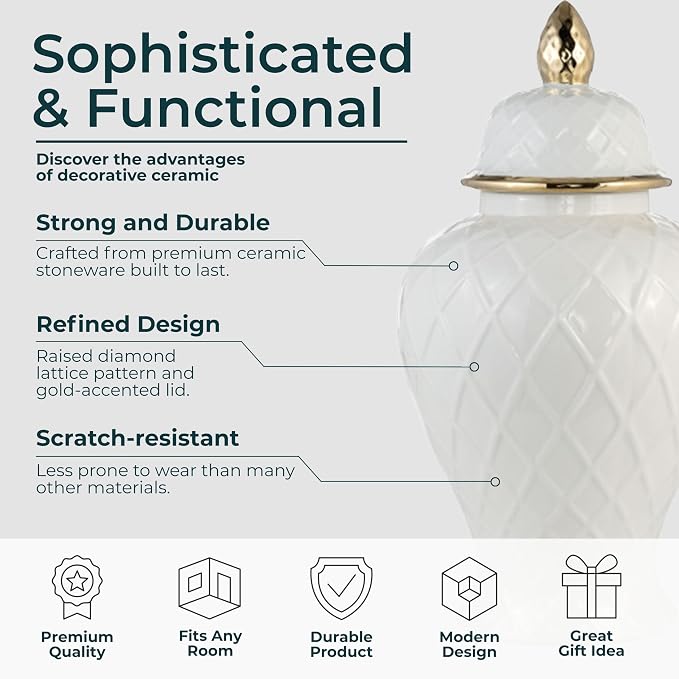 Decorative Ceramic Vase with Lid for Living Room and Home Decor - Elegant Flower Vase Accent for Room, Bedroom, or Office Display - Sculpted Table Accent for House Decoration - 20", White & Gold
