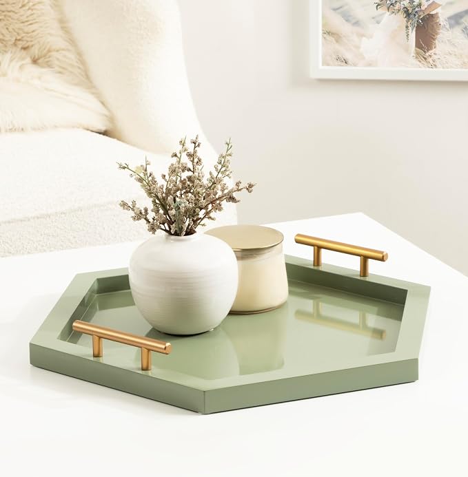 Kate and Laurel Halsey Decorative Hexagon Tray with Gold Metal Handles; 18 x 16; Green and Gold; Modern Glam Serving Tray with Handles for Living Room Decor