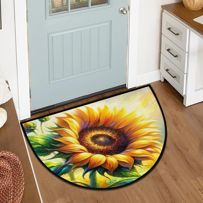 Sunflower Half Round Door Mat Non Slip Half Circle Rugs | Art Yellow Washable Half Moon Rug Semi Circle Rugs Indoor Entrance Floor Carpet for Kithen Bedroom Fireplace Decor