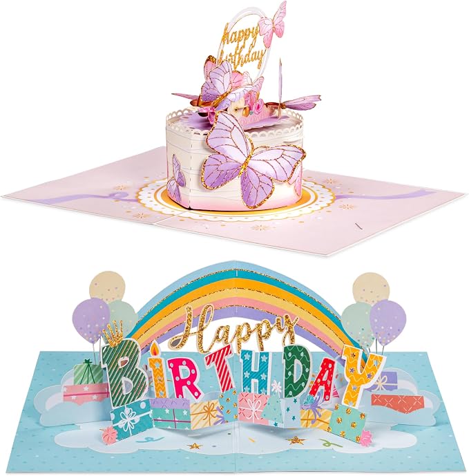 Paper Love Birthday Pop Up Cards 2 Pack - Includes 1 Butterfly Birthday Cake and 1 Happy Birthday Rainbow, For Adults or Kids -5" x 7" Cover - Includes Envelope and Note Tag