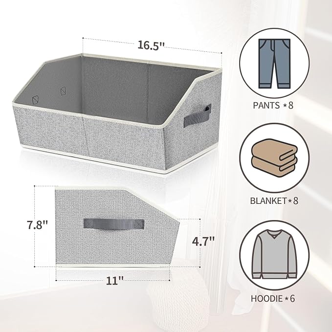 Homsorout Trapezoid Bins for Organization - 8 Pack Storage Cubes, Decorative Fabric Organizer Bins, Large Baskets for Storage, Linen Storage Organizer for Clothes, Books, Home, Light Gray