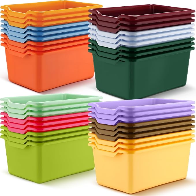 Dandat 36 Pcs Plastic Book Bins for Classroom Library Colorful Scoop Front Cubby Bins Stackable Toy Storage Containers with Handles for School Home Office Nursery Daycare (Vintage Color)