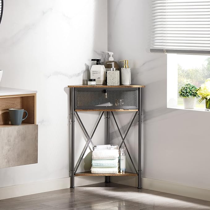 VECELO Corner Cabinet/Table, 3-Tier Display Shelves with Protection Door, Metal Frame Storage Shelf Organizer for Small Space, Living Room, Kitchen, Bathroom