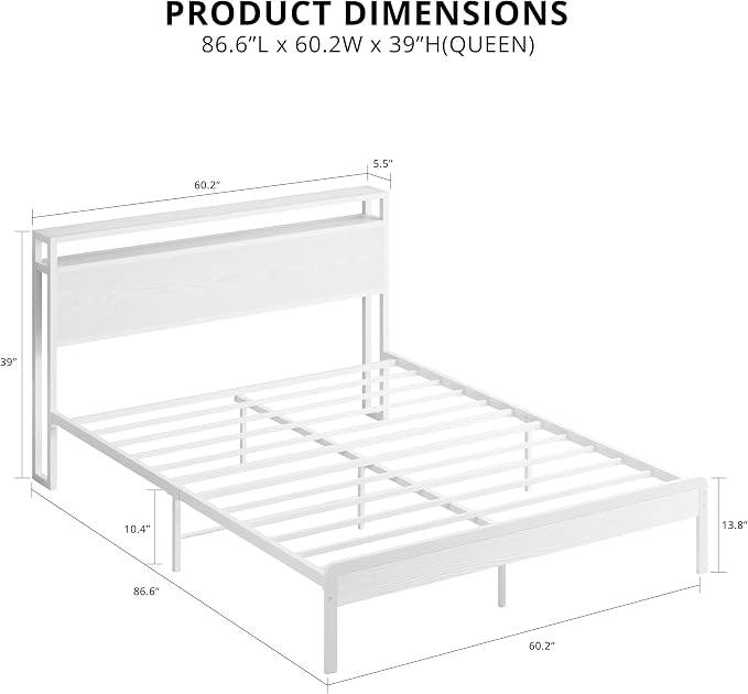 LIKIMIO Queen Bed Frame with 2-Tier Storage Shelf Headboard | Wood Platform Bed, Camas Queen with Strong Metal Supports, Sturdy, Noise-Free, No Box Spring Needed, White