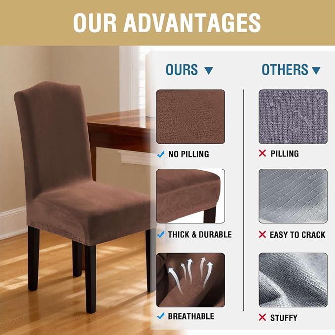 H.VERSAILTEX Velvet Dining Chair Covers Stretch Chair Covers for Dining Room Set of 2 Parson Chair Slipcovers Chair Protectors Covers Dining, Soft Thick Solid Velvet Fabric Washable, Caramel Cafe