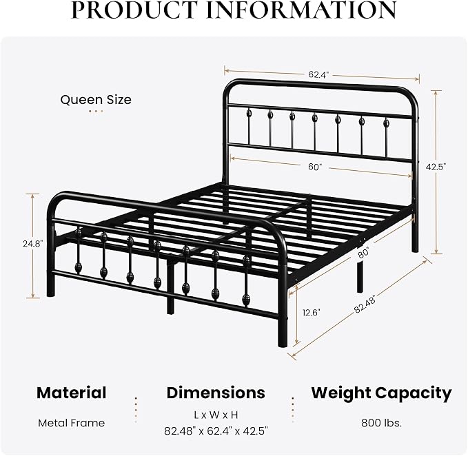 SHA CERLIN Queen Metal Bed Frame with Victorian Iron-Art Headboard, Black | Victorian Iron-Art Headboard and Footboard, Easy Assembly, Under Bed Storage, No Box Spring Required