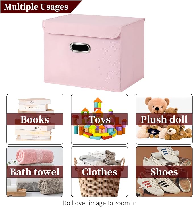 STOREONE Fabric Storage Cube Bins Foldable Organizer Container Collapsible Basket with Lids and Metal Handles, for Home, Bedroom, Closet 3 Pcs (multicolour-light pink)
