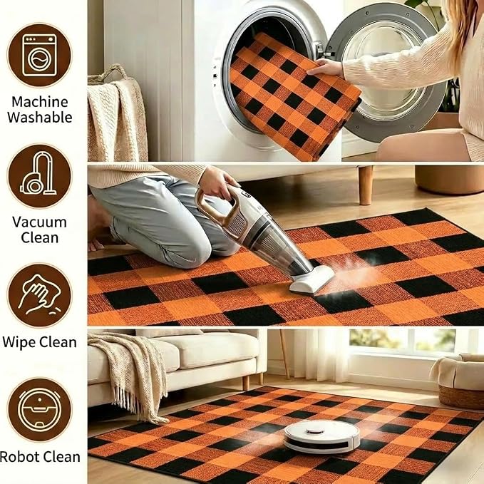 Buffalo Plaid Rug 3' x 5' Orange and Black Front Door Mat Reversible Halloween Doormat Layered Porch Rug Washable Hand Woven Cotton Area Rug for Indoor Outdoor Entryway Patio Porch Decor