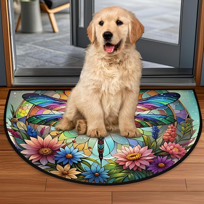 Dragonfly Half Round Doormat Semi Circle Rug Half Moon Rug Entryway Mat | Dragonfly Spring Washable Non Slip Outdoor Floor Rug Kitchen Mat for Indoor Outdoor Bathroom Fireplace Bath Decor
