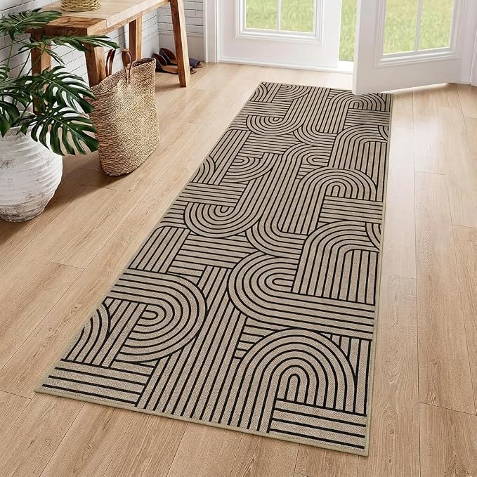 COZYLOOM Easy Jute Rugs for Entryway 2x6 Kitchen Runner Rug Non Slip, Modern Striped Washable Rug Stain Resistant Farmhouse Carpet Non Shedding Foldable Abstract Mats for Bedroom, Patio, Natural Color