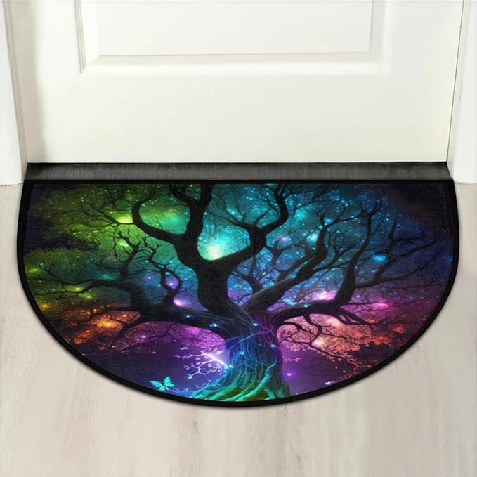 Half Round Doormat Tree of Life Butterfly Non Slip Half Circle Area Rugs Indoor Washable Half Moon Rug Semi Circle Bathroom Runner Mat Entrance Floor Carpet for Kithen Bedroom Fireplace Decor