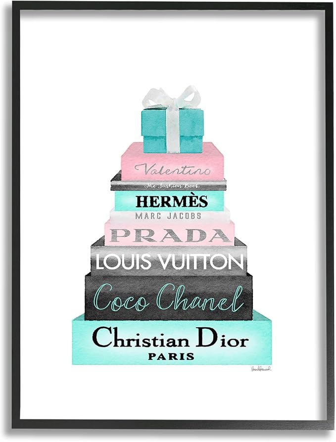 The Stupell Home Décor Collection High Fashion Bookstack Pink with Blue Box and Bow Framed Giclee Texturized Art, 11 x 14, Multi-Color
