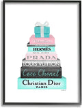 The Stupell Home Décor Collection High Fashion Bookstack Pink with Blue Box and Bow Framed Giclee Texturized Art, 11 x 14, Multi-Color