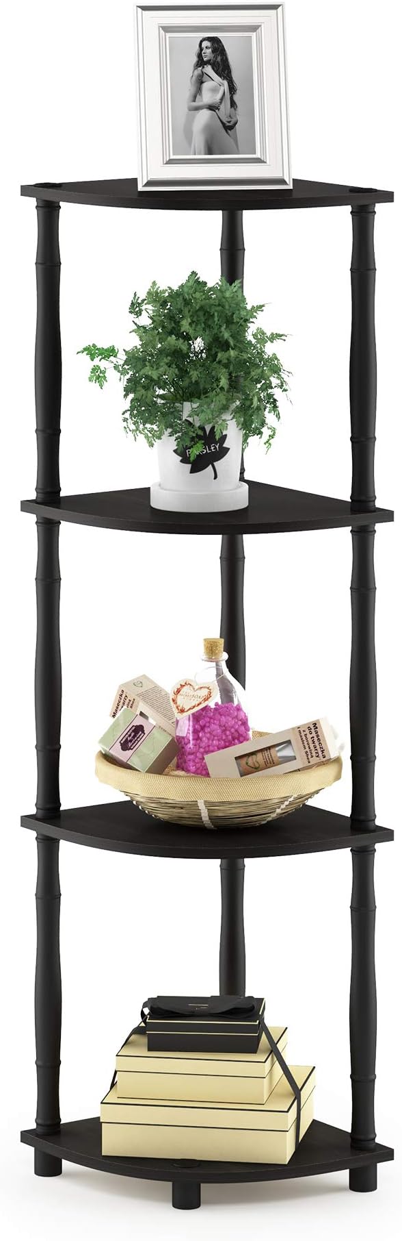 Furinno TURN-N-TUBE Toolless 4-Tier Corner Shelf, Bookshelf, Display Storage Shelves with Open Shelves, for Organization and Storage, Living Room, Home Office, Garage, Espresso