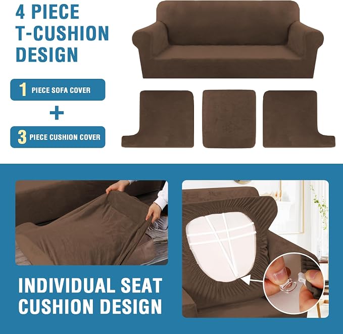 H.VERSAILTEX Sofa Cover 4 Piece T Cushion Sofa Slipcovers Thick Velvet Couch Cover Stretch T Cushion Sofa Covers for 3 Cushion Couch with 3 Individual T Cushion Covers Washable, Caramel Cafe
