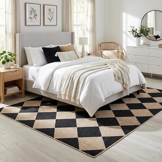 COZYLOOM Washable Area Rugs 5x7 Geometric Rug Modern Diamond Print Area Rug for Bedroom Non Slip Non Shedding Floor Cover Stain Resistant Contemporary Carpet for Living Room, Dining Room, Black