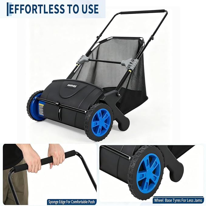 21-Inch Push Lawn Sweeper, Manual Leaf Sweeper with 3.5 Cu. ft. Mesh Bag, 2 Spinning Brushes & 10" Rubber Wheels, Walk-Behind Grass Collector for Lawn Yard Debris