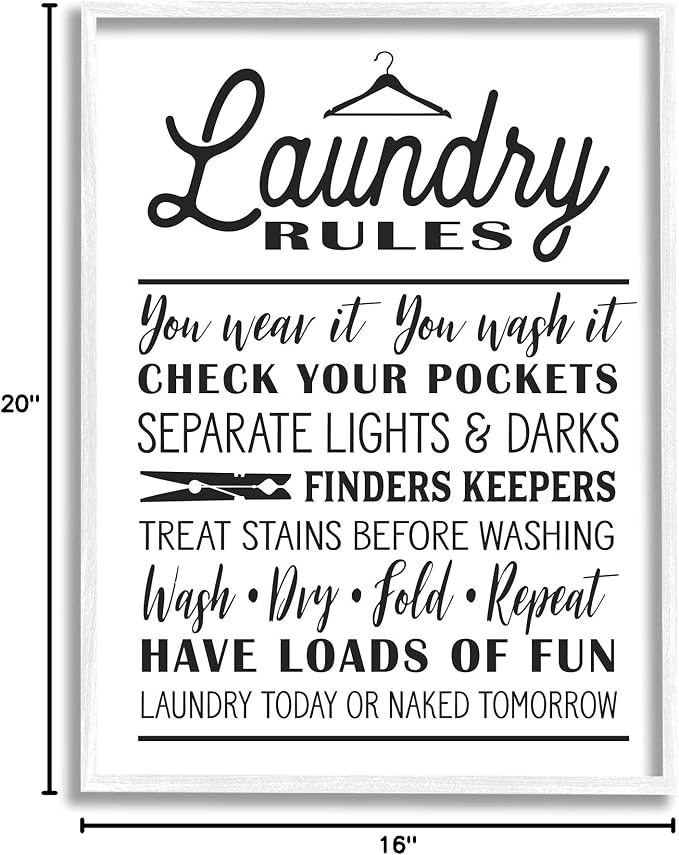 Stupell Industries 'Laundry Rules with Hanger Typography', Framed Giclee Art, White, 16 x 20 Inches, Easy to Hang and Sturdy, Made in USA, by Lettered and Lined