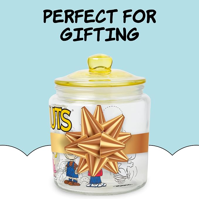 Silver Buffalo Peanuts Squad Featuring Snoopy, Glass Jar with Lid | Cookie Snack Candy Jar, Featuring Charlie Brown, Schroeder, Lucy, Linus, Sally, Pigpen, Woodstock, and Franklin, Small Size