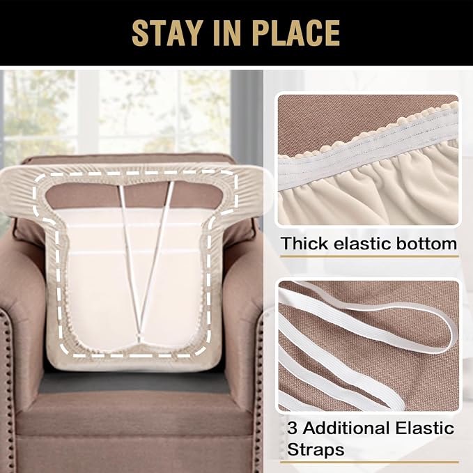 H.VERSAILTEX Stretch Velvet T Cushion Chair Covers for Living Room Armchair Sofa Cover Couch Cover Slipcover T Cushion Seat Cover Stay with Elastic Bands (Armchair, Cream)