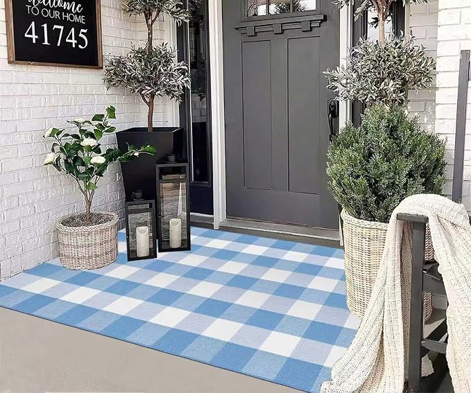 Buffalo Plaid Rug 3'x 5' Light Blue and White Checkered Porch Rug Cotton Woven Washable Layering Door Mat for Welcome Door Mat Porch Entryway Bedroom Living Room