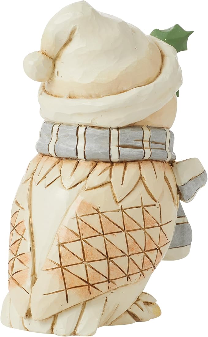 Enesco Jim Shore Heartwood Creek White Woodland Owl Wearing a Hat and Scarf Miniature Figurine- Stone Resin Hand Painted Crafted Collectible Mini Figurines Christmas Home Decor Statue, 4.72 Inch