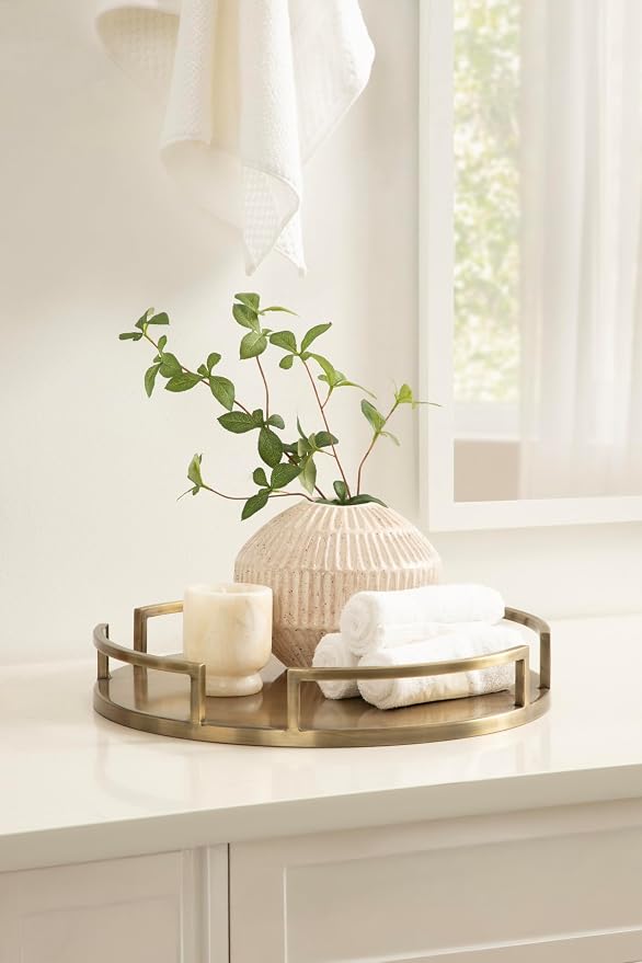 Kate and Laurel Gohana Round Tray with Metal Handles; 16 Inch Diameter; Antique Brass; Modern Glam Serving Tray with Handles for Use as Ottoman Topper or Living Room Decor