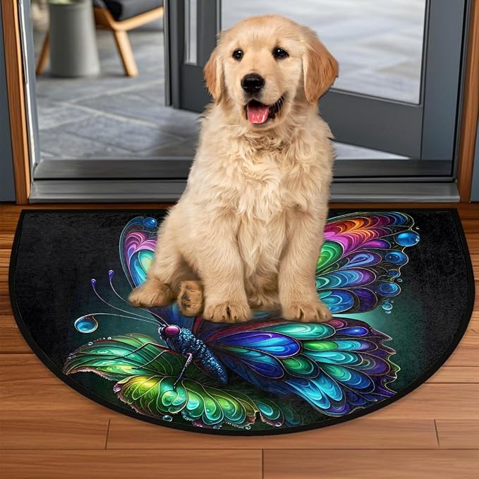Art Butterfly Half Round Door Mat Semi Circle Rug Half Moon Doormat | Art Butterfly Green Soft Washable Welcome Entrance Mat for Outdoor Indoor Floor Bedroom Bathroom Home Kitchen Festival Decor
