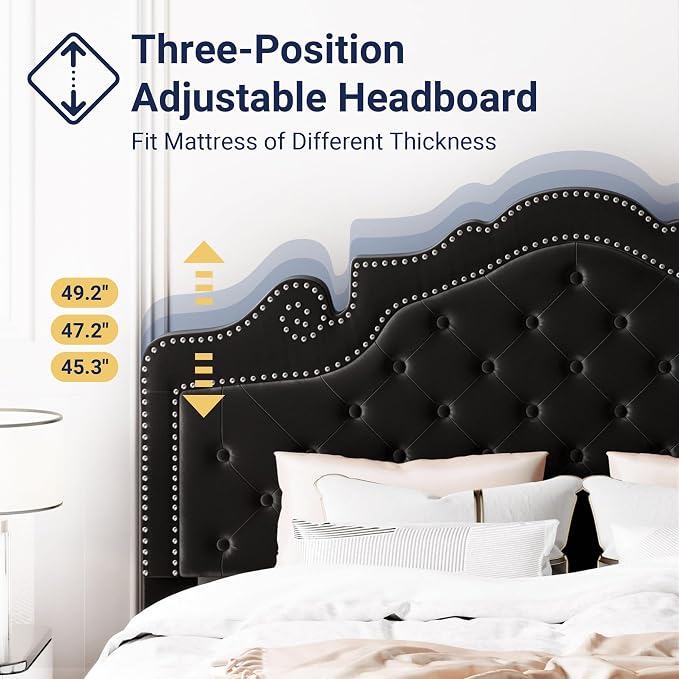 Allewie Full Size Bed Frame with Adjustable Velvet Tiara Headboard, Upholstered Diamond Button Tufted Platform Bed, Wood Slats Support, No Box Spring Needed, Black