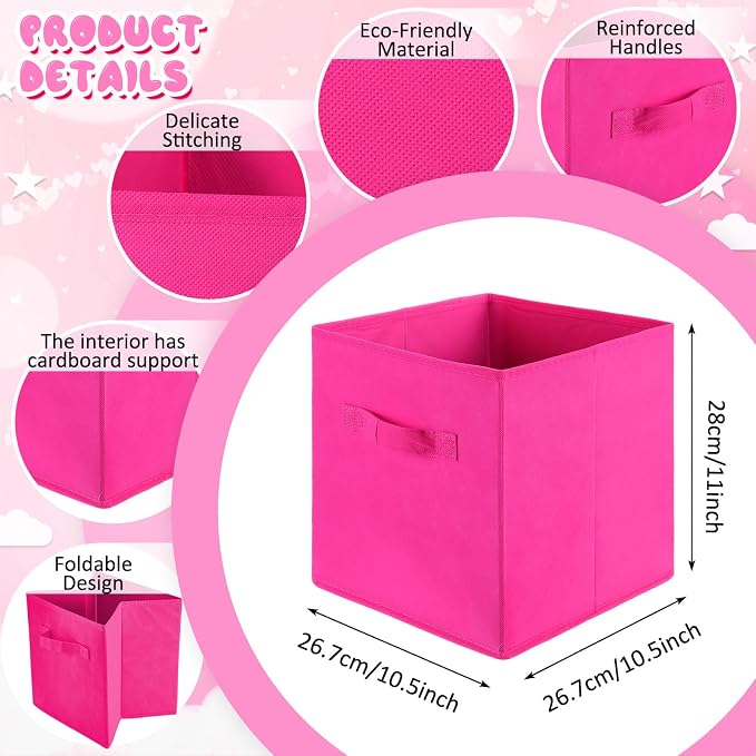 Yinder 12 Pcs Cube Storage Bin Pink 10.5''x10.5''x11'' Storage Bins for Playroom Decor Colorful Bins for Kids Foldable Baskets for Nursery Organizer Boxes Fabric Boxes