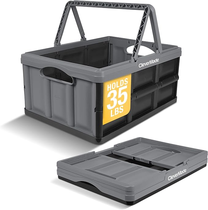 CleverMade Collapsible Shopping Basket, 32L, Recycled Plastic, Stone | Rigid walls support up to 35 lb, while top and side handles balance heavier grocery, laundry, or gear loads.