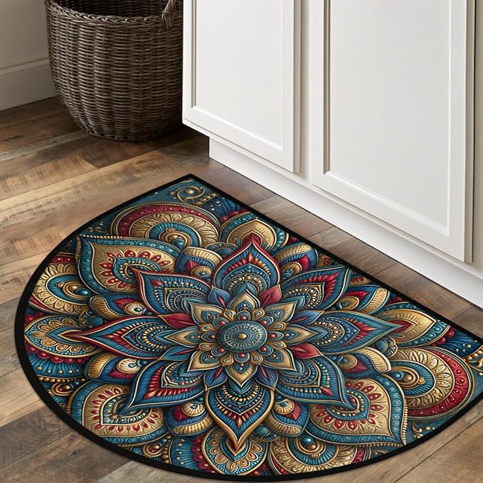 Lotu Half Round Door Mat Semi Moon Rug Fireplace Carpet Area Rugs | Blue Elegant Non Slip Absorbent Half Circle Mat Carpet for Indoor Outdoor Patio Kitchen Bathroom Entryway Home Decor