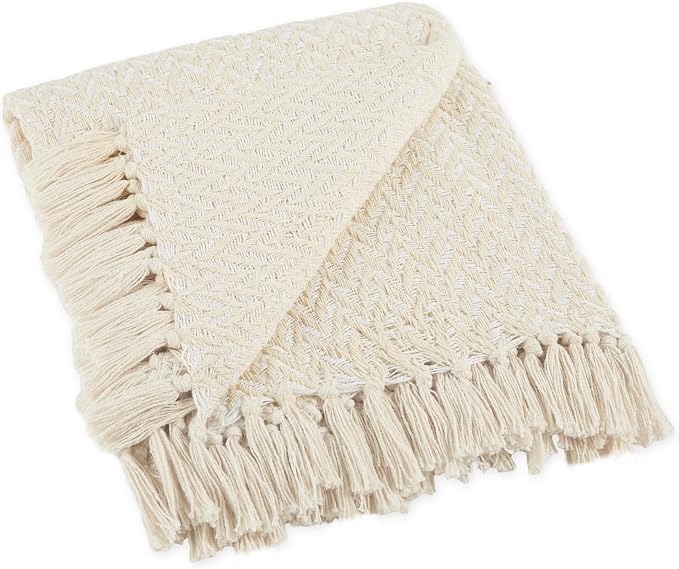DII Modern Zig Zag Throw Blanket Woven Cotton, Hand-Knotted 2.5" Fringe, 50x60, Natural
