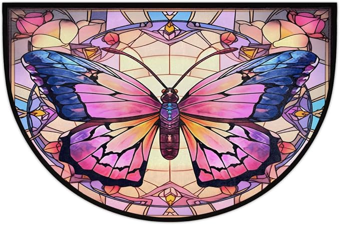 Flower Half Round Door Mat Non-Slip Semi Circle Rug Half Moon Doormat | Color Butterfly Soft Washable Welcome Entrance Mat for Outdoor Indoor Floor Bedroom Bathroom Home Kitchen Festival Decor