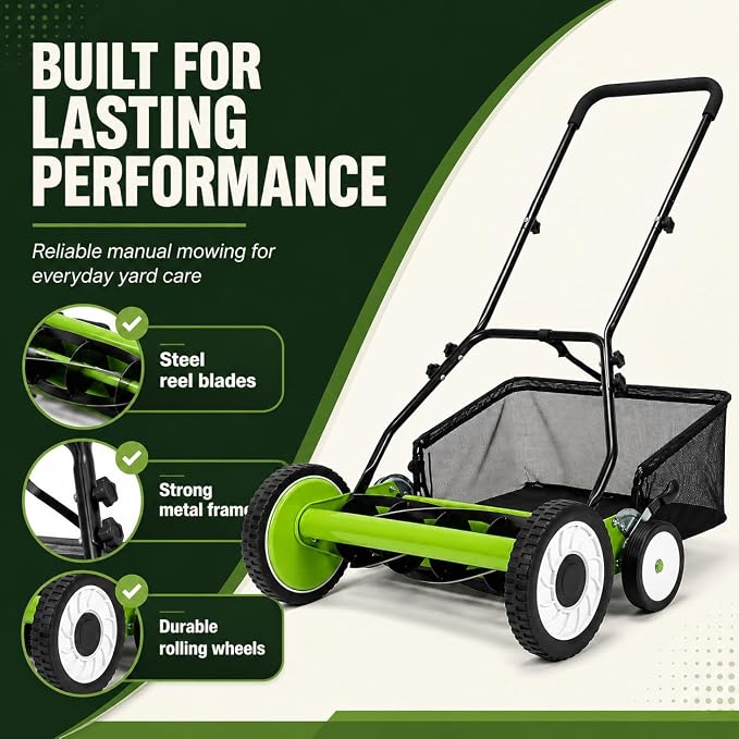 18-Inch Push Reel Lawn Mower, 5-Blade Manual Grass Cutter for Yard Care