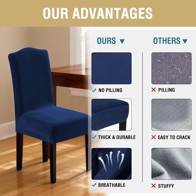 H.VERSAILTEX Velvet Dining Chair Covers Stretch Chair Covers for Dining Room Set of 4 Parson Chair Slipcovers Chair Protectors Covers Dining, Soft Thick Solid Velvet Fabric Washable, Navy