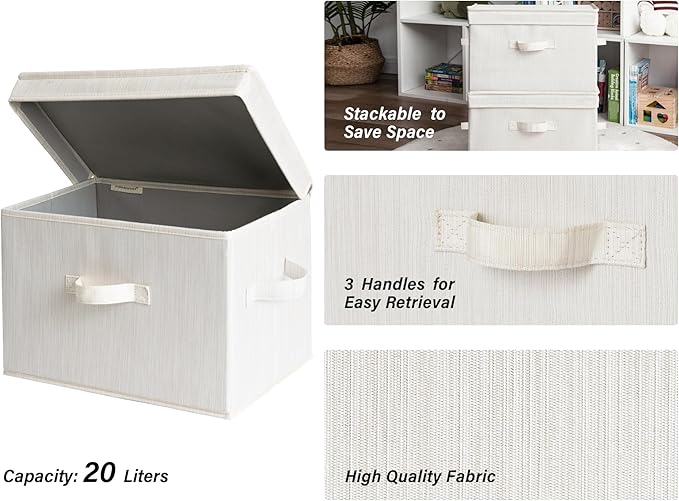 StorageWorks Fabric Storage Bins with Lid, Decorative Storage Boxes for Shelves, Stackable Closet Organizer Basket with Handles, Large, Mixing of Beige, White & Ivory, 2-Pack | Flip-Top Lid, 3 Handles, Collapsible, Stackable, for Clothes Blankets, Mult...